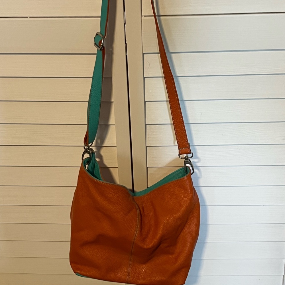 Leather Shoulder Bag in Tan with Teal Trim bought in Venice Italy.